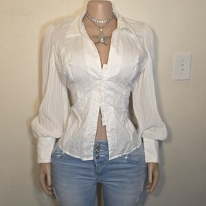 ☆Guess White Sheer Long Sleeve Button Front Blouse☆